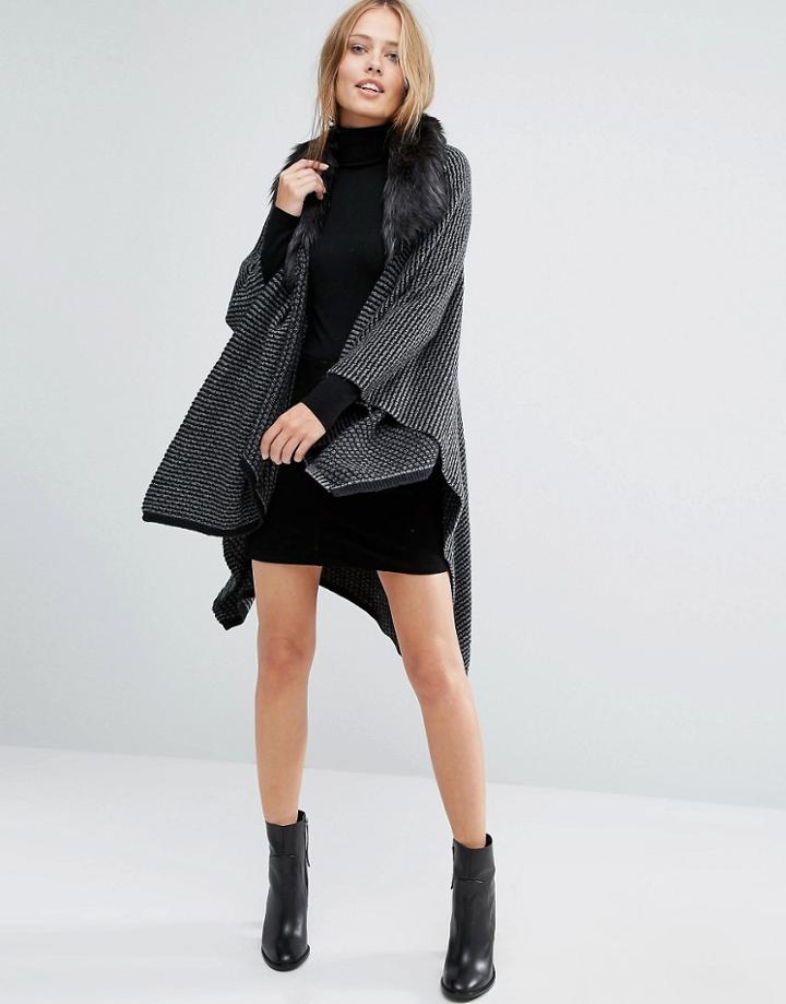 Alice Hannah Fur Collar Cape - Black