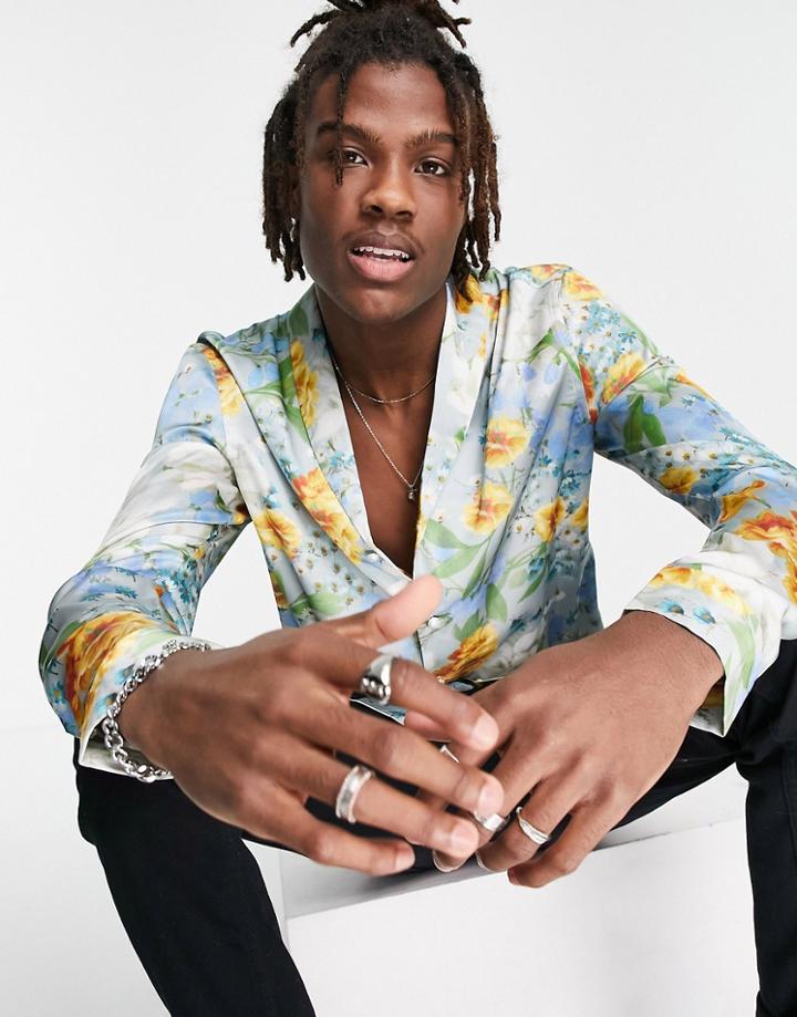 Asos Design Floral Satin Shirt With Pearl Buttons-blues