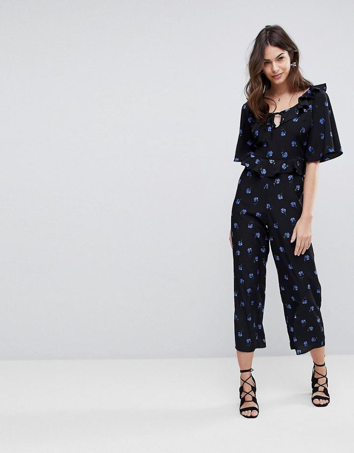 Fashion Union Wide Leg Jumpsuit In Rose Floral - Blue