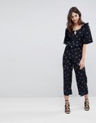 Fashion Union Wide Leg Jumpsuit In Rose Floral - Blue