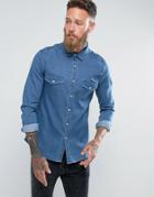 Asos Slim Denim Shirt With Western Styling In Mid Wash - Blue