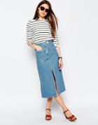 Asos Denim Midi Skirt With Patch Pockets In Mid Wash Blue - Mid Wash Blue