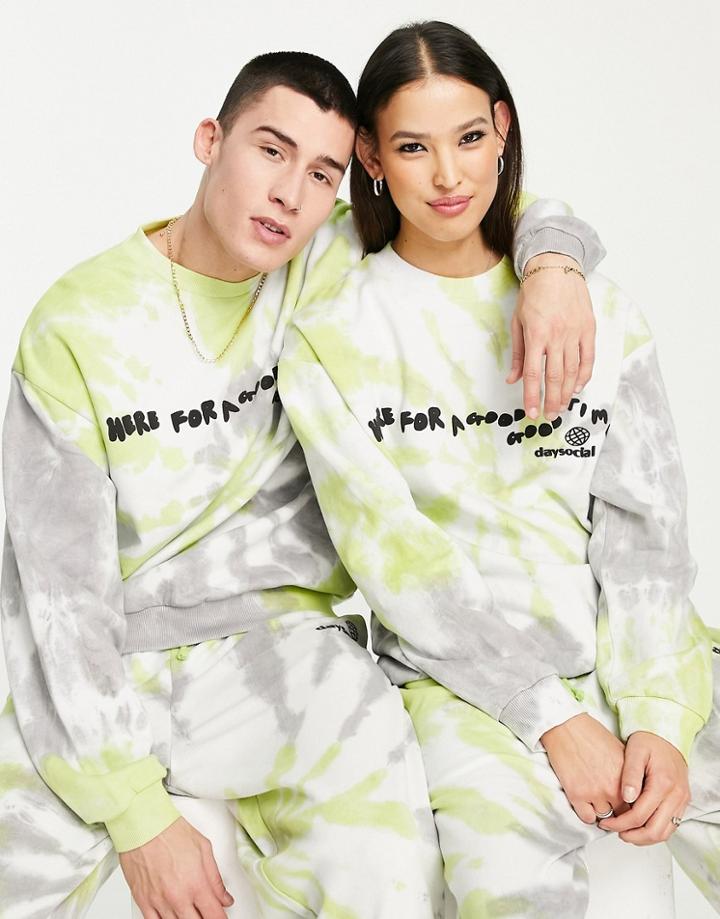Asos Daysocial Unisex Oversized Sweatshirt With Slogan Print In Tie Dye Green - Part Of A Set