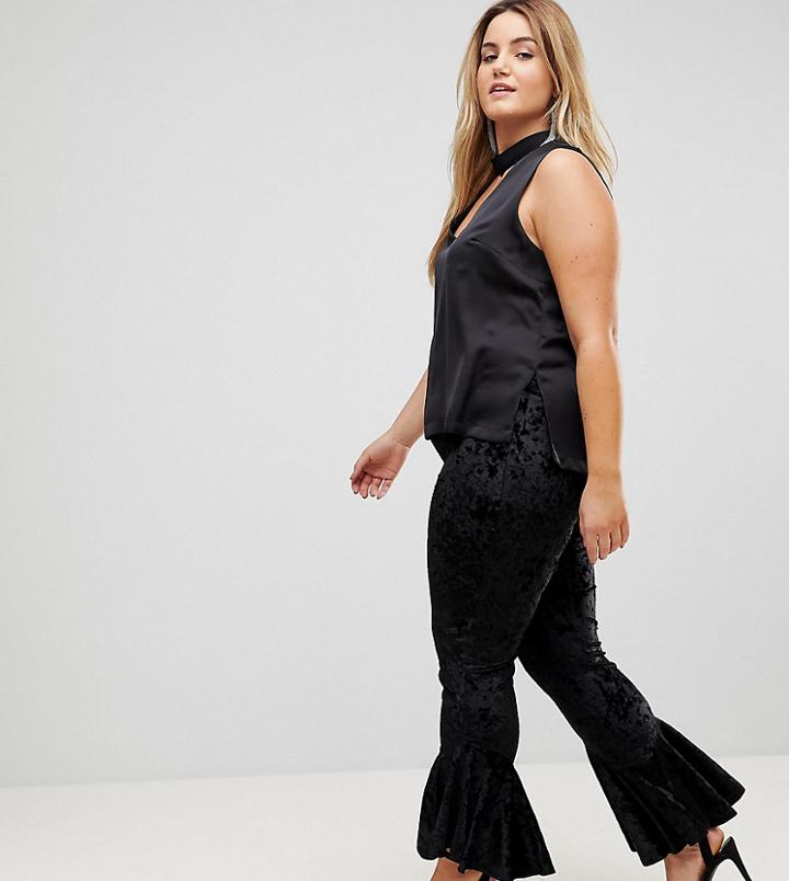 Flounce London Plus Crushed Velvet Legging With Ruffle Hem - Black