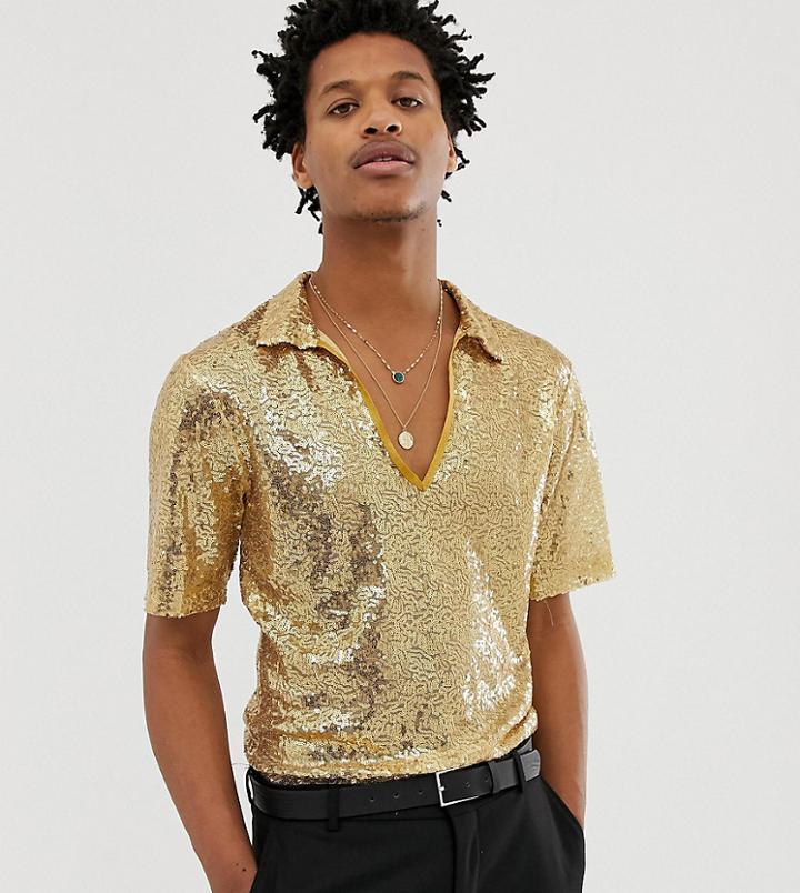 Reclaimed Vintage Inspired Deep V Neck Shirt In Sequin - Gold