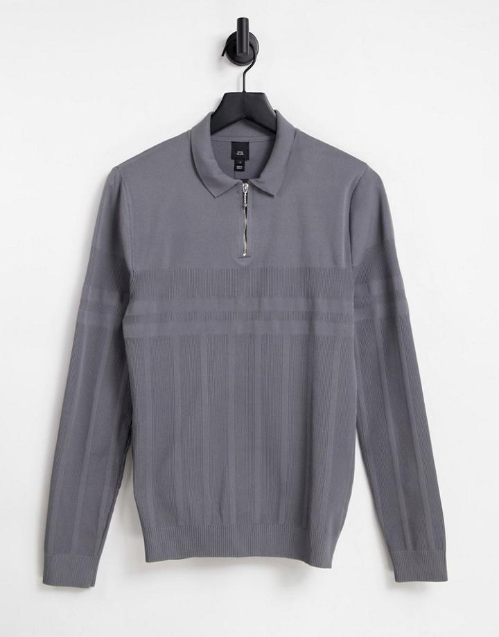 River Island Long Sleeve Blocked Polo In Dark Gray