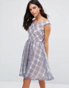 Little Mistress Organza Gingham Fit & Flare Dress With Bardot Neckline - Gray