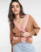 Asos Design Chunky Longline Cardigan With Tipped Detail In Brown