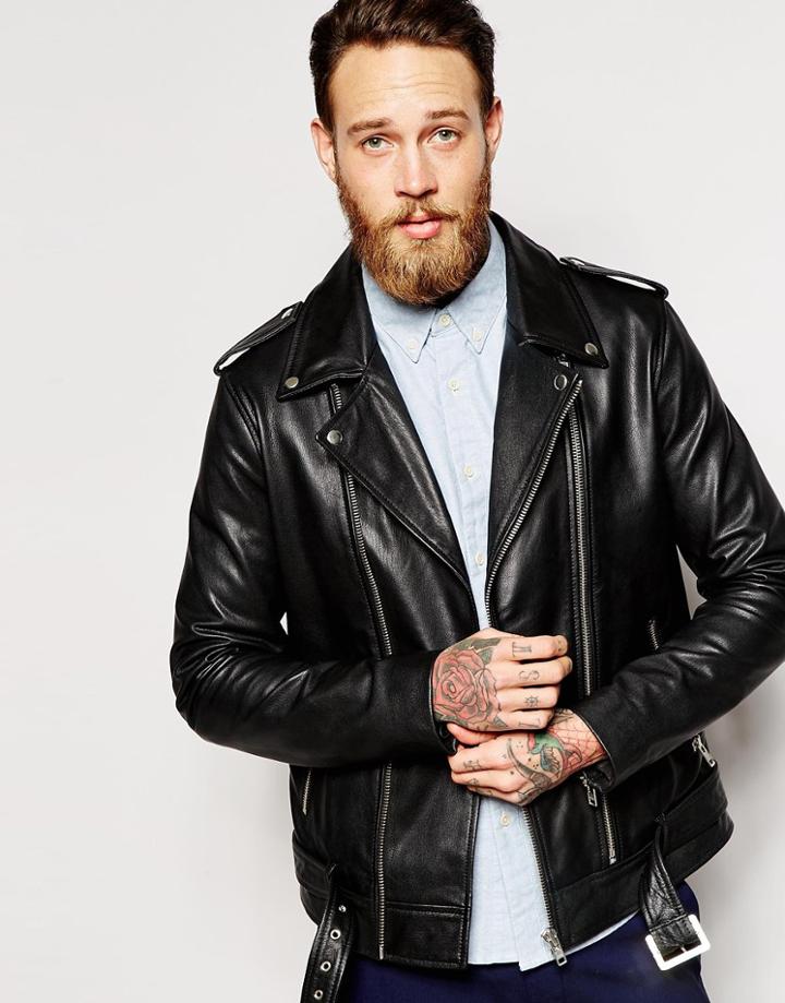 Asos Leather Biker Jacket With Belt In Black - Black