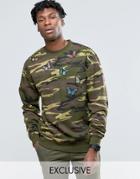 Reclaimed Vintage Oversized Camo Sweatshirt With Butterfly Patches - Green