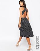 Asos Tall Midi Skater Dress In Pinstripe With Cross Back - Multi