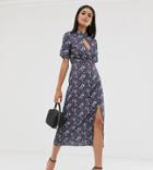 Fashion Union Tall High Neck Midi Shift Dress With Key Hole Detail In Floral Print - Multi