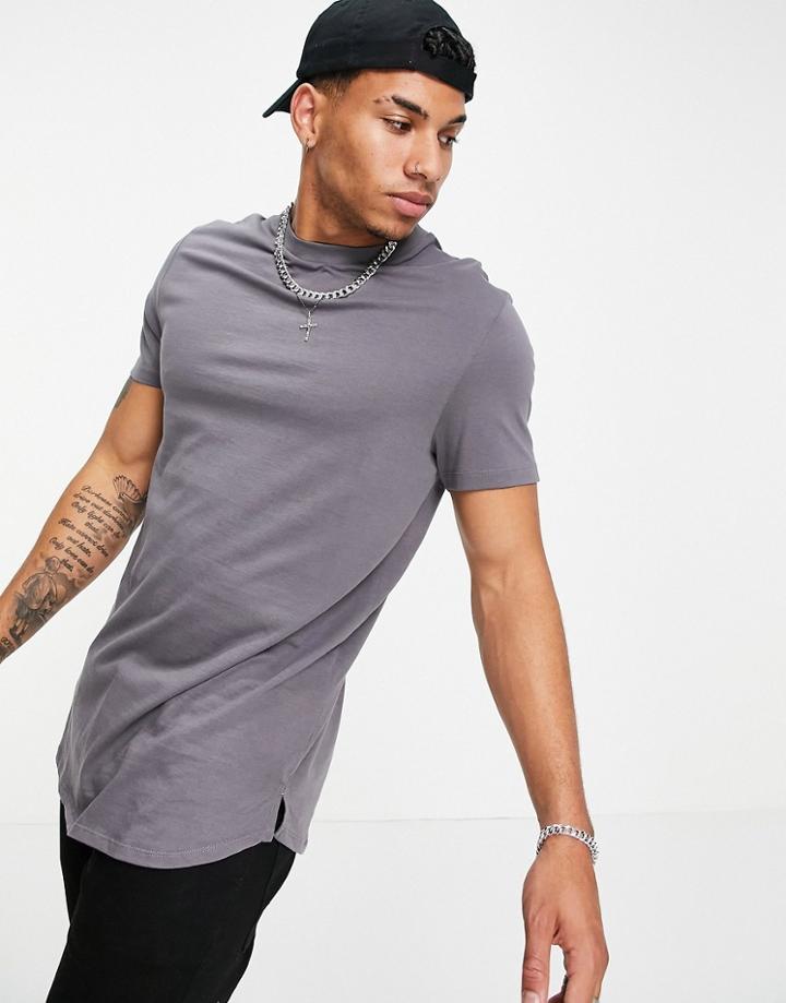 Asos Design Longline T-shirt With Side Slits In Washed Black