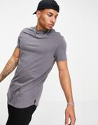 Asos Design Longline T-shirt With Side Slits In Washed Black