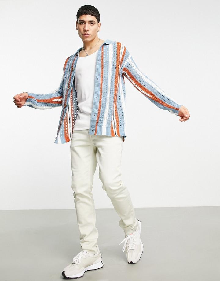 Topman Crochet Knit Polo Cardigan In Multi