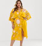 Asos Design Curve Satin Kimono Midi Dress With Floral Embroidery - Multi