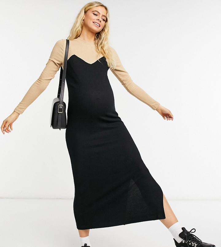 Asos Design Maternity Super Soft Midi Dress With Long Sleeves In Contrast Camel And Black-neutral