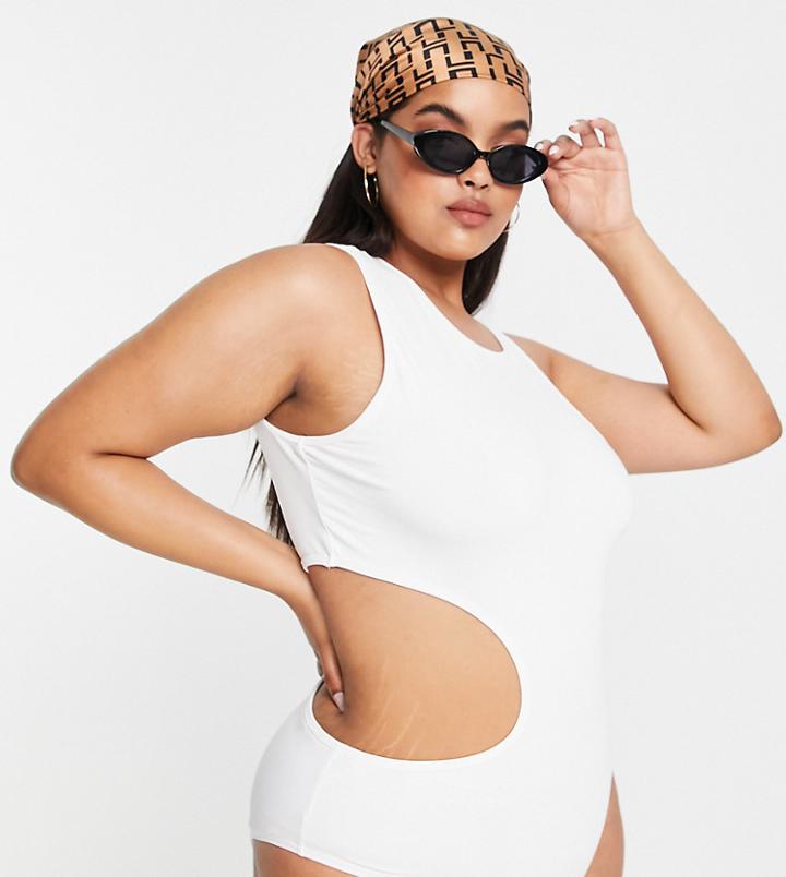 Simmi Plus One Shoulder Cut Out Swimsuit In White