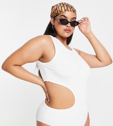 Simmi Plus One Shoulder Cut Out Swimsuit In White