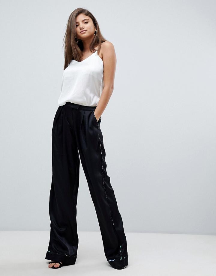 Stylestalker Avalon Wide Leg Pants With Floral Print Piping-black