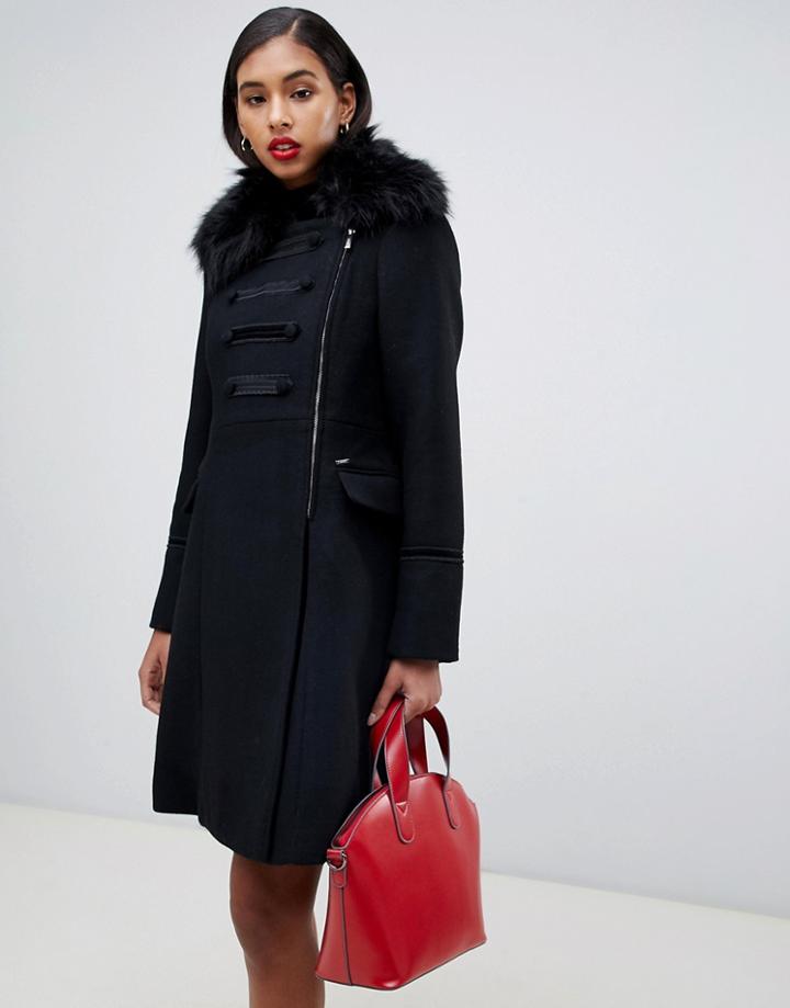 Morgan Embroidered Double Breasted Coat With Faux Fur Trim Detail In Black