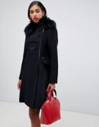 Morgan Embroidered Double Breasted Coat With Faux Fur Trim Detail In Black