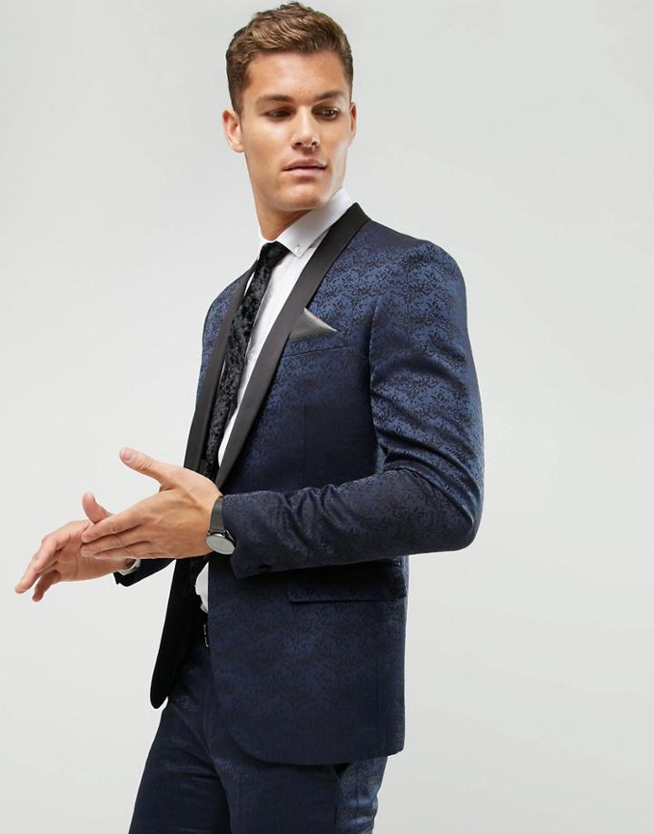 Farah Skinny Tuxedo Suit Jacket In Jacquard - Navy