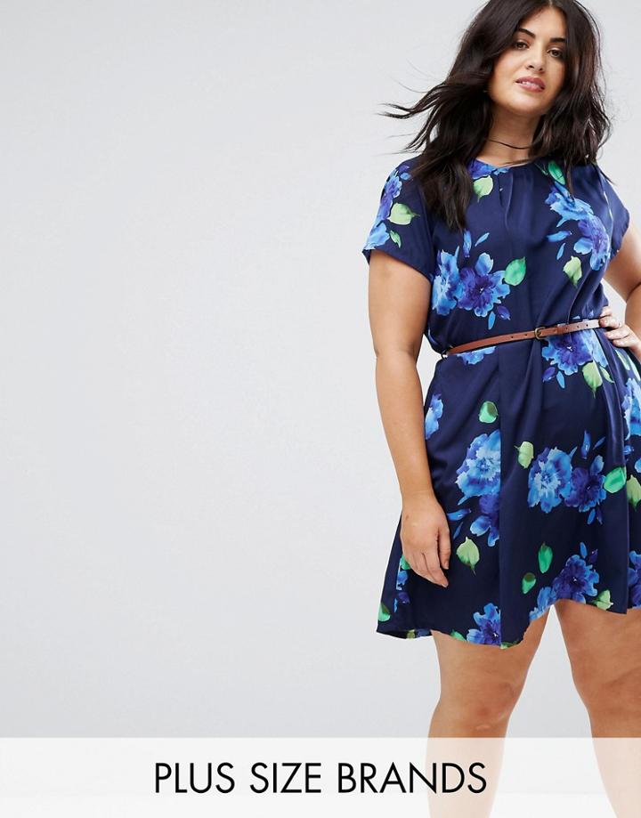 Yumi Plus Belted Skater Dress In Bloom Print - Navy