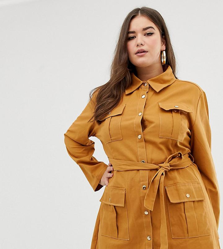 Prettylittlething Plus Contrast Stitch Utility Dress In Mustard - Brown