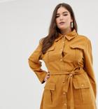 Prettylittlething Plus Contrast Stitch Utility Dress In Mustard - Brown