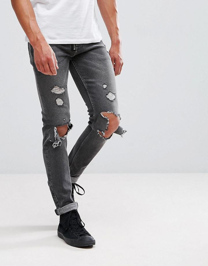 Asos Skinny Jeans In Washed Black With Heavy Rips And Exposed Zip - Black