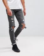 Asos Skinny Jeans In Washed Black With Heavy Rips And Exposed Zip - Black