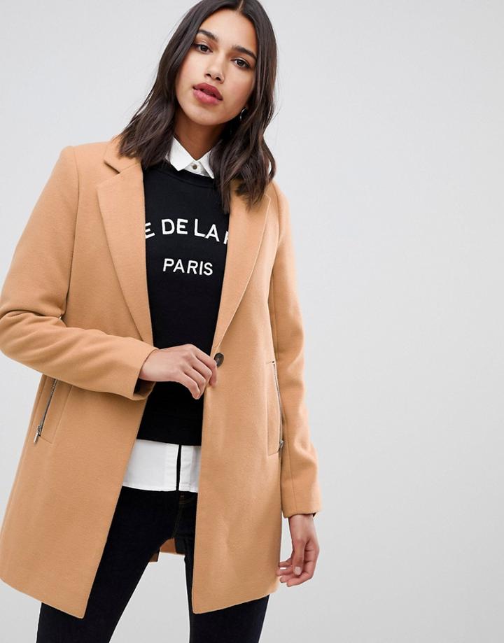 Asos Design Boyfriend Coat With Zip Pocket - Cream