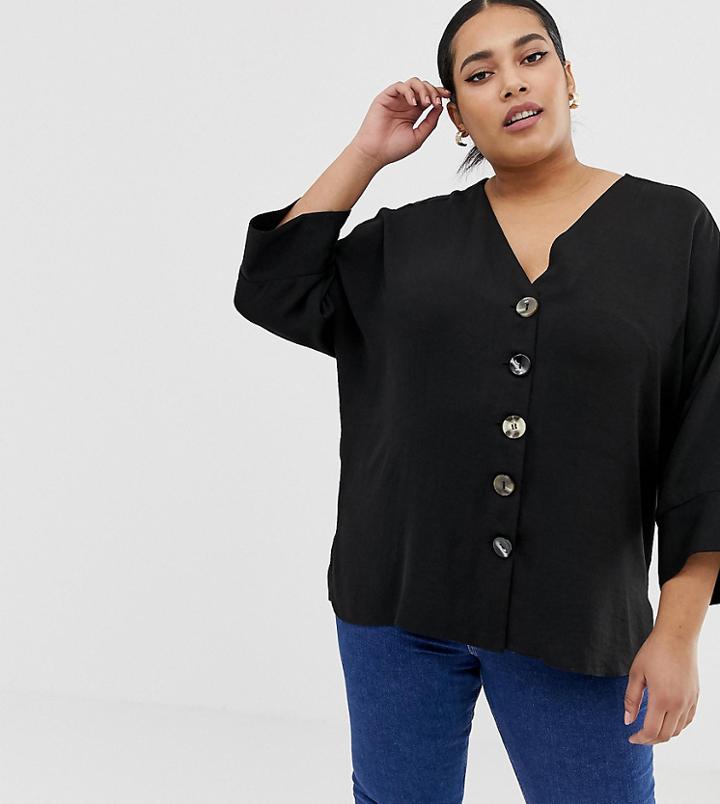 Asos Design Curve Mixed Button Front Top - Green