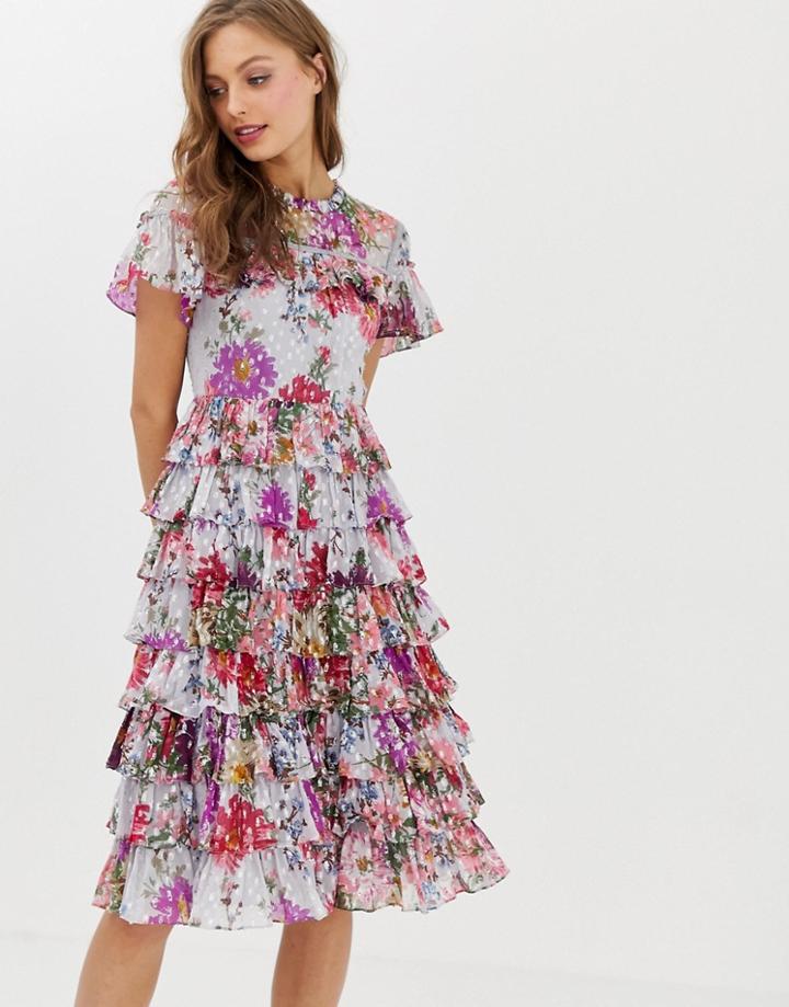 Needle & Thread Ruffle Midi Dress In Allover Floral Print - Blue