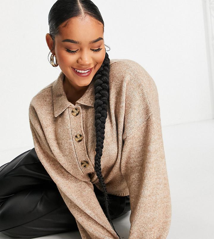 Asos Design Curve Cardi With Collar And Button Front In Taupe-neutral