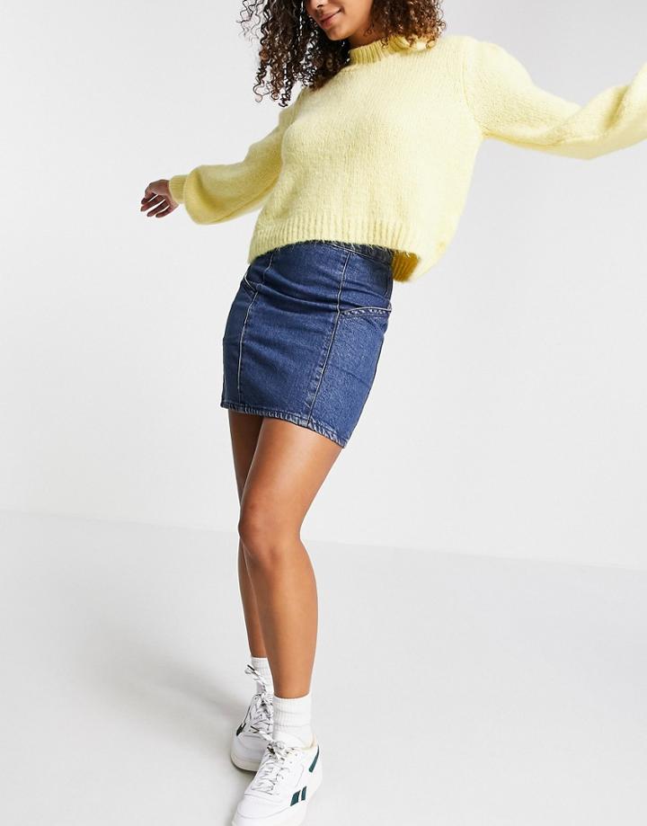 Asos Design Denim Side Pocket Skirt In Midwash-blues