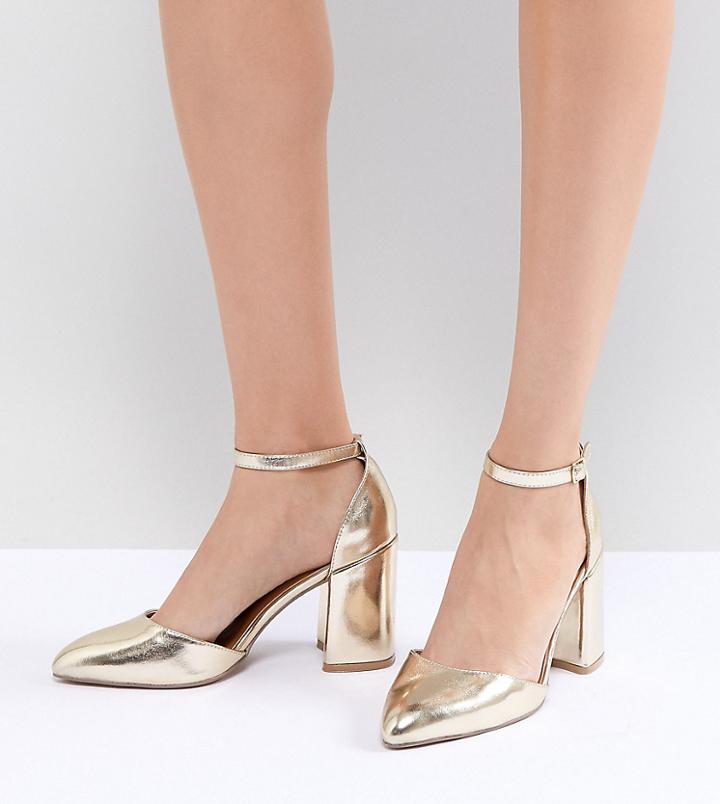 Qupid Pointed Block Heels - Gold