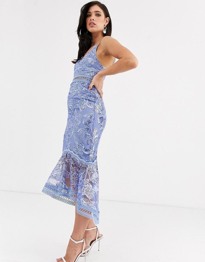 Asos Design Pencil Dress In Embroidered Sequin With Lace Trims-blue