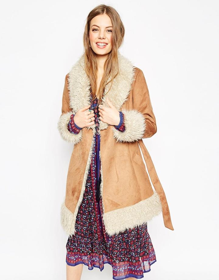 Asos Coat In 70s Style Faux Shearling - Tan