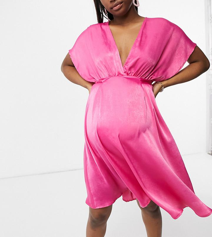 Blume Maternity Satin Midi Dress With Kimono Sleeves In Cerise-pink