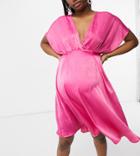 Blume Maternity Satin Midi Dress With Kimono Sleeves In Cerise-pink