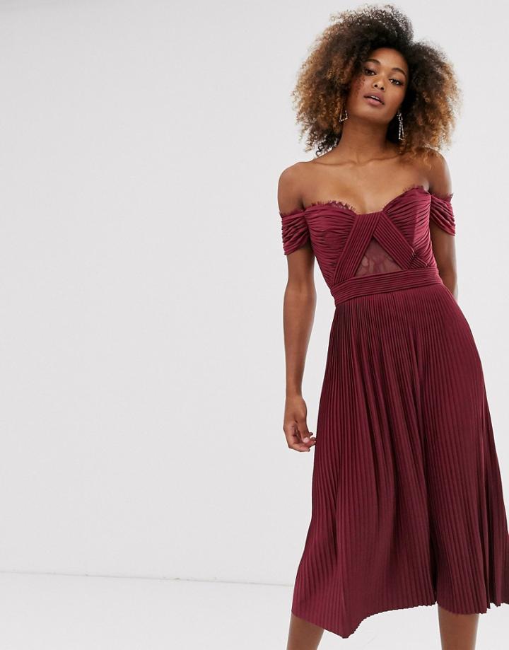 Asos Design Premium Lace And Pleat Bardot Midi Dress