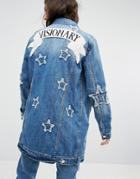 Mango Denim Jacket With Star Embroidery - Blue