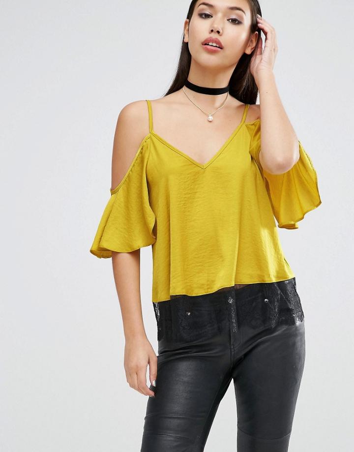 Asos Cold Shoulder Satin Cami With Lace Hem - Yellow