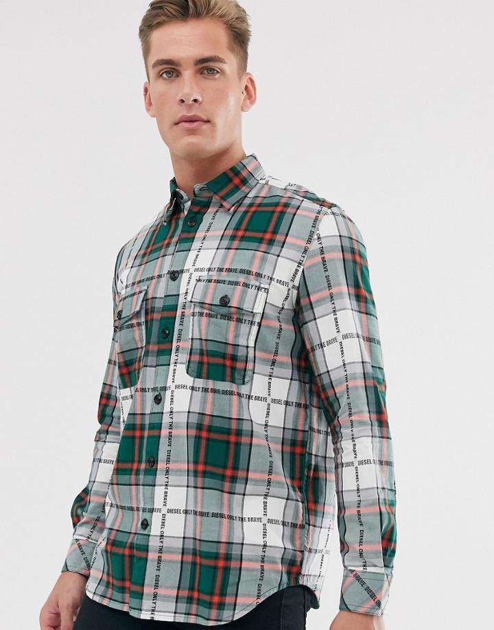 Diesel S-miller-a All Over Logo Check Shirt In Green