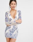 Missguided Long Sleeve Plunge Bodycon Dress - Blue