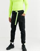 Asos Design Tapered Cargo Pants In Black With Neon Contrast Stitch And Webbed Belt