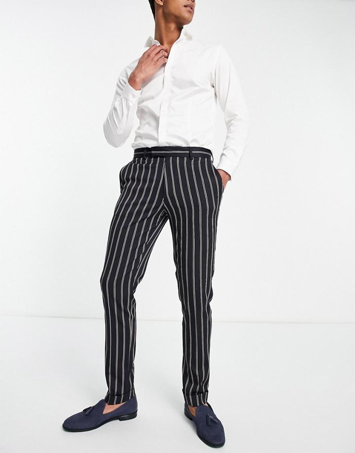 Asos Design Skinny Stripe Smart Pants With Turn Up-navy