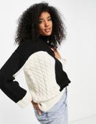 Topshop Knitted Color Block Cable Sweater In Monochrome-black